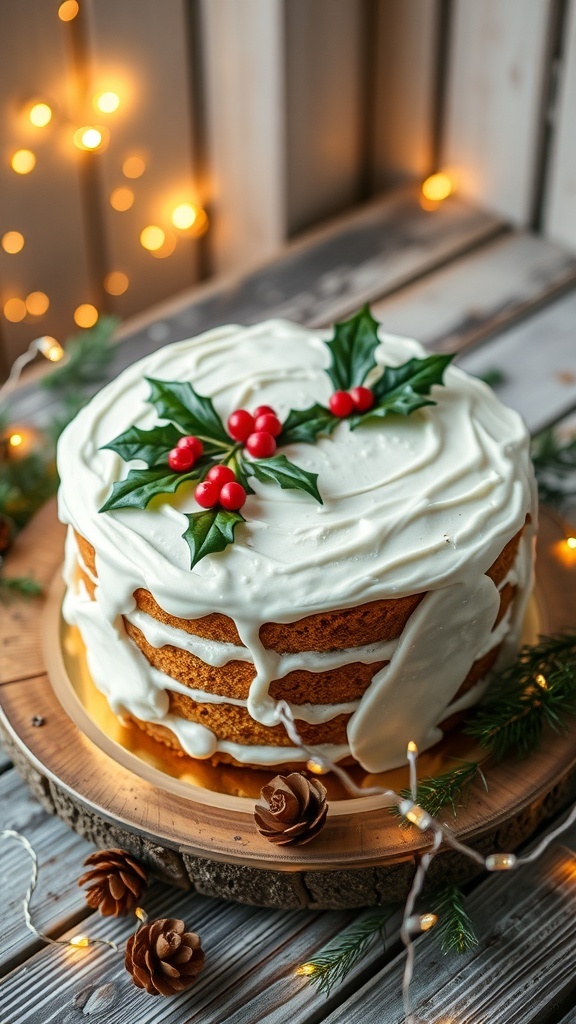 A festive Christmas cake with white icing and decorations, set on a wooden table with holiday lights.